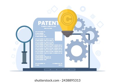 Derecho de patentes concepto de protección de derechos de autor, derechos de autor protegidos por la ley, protección de patentes, concepto de propiedad intelectual, símbolo de derechos de autor, documento legal electrónico, derecho digital. vector plano.