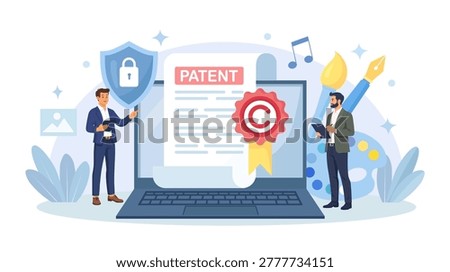 Patent Law Document on Laptop Screen. People Protect Their Rights to Authorship and Creation of Intellectual Products with Lawyer. Copyright Infringement. Intellectual Property Brand Patent Protection