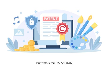 Patent Law Document on Screen. Protection Rights to Authorship and Creation of Intellectual Products. Copyright Infringement. Intellectual Property and Brand Patent Protection