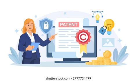 Patent Law Document on Screen. People Protect Their Rights to Authorship and Creation of Intellectual Products with Lawyer. Copyright Infringement. Intellectual Property and Brand Patent Protection
