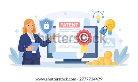 Patent Law Document on Screen. People Protect Their Rights to Authorship and Creation of Intellectual Products with Lawyer. Copyright Infringement. Intellectual Property and Brand Patent Protection