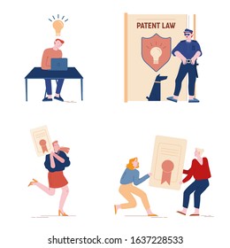 Patent Law Set with People Authors Create Mental Products and Protecting their Rights for Authorship. Safeguard with Dog Stand near Huge Book with Shield and Lamp Icon Cartoon Flat Vector Illustration