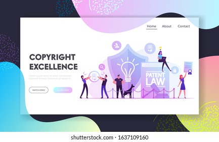 Patent Law Website Landing Page. Safeguard With Dog And People Protecting Rights For Authorship And Creation Of Different Mental Invention Products Web Page Banner. Cartoon Flat Vector Illustration