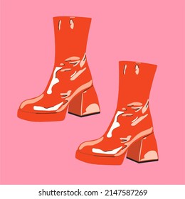 Patent leather red women's boots thick heels high heels, fashion shoes. Flat design, hand drawn cartoon, vector illustration. Template for printing.