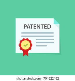 Patent license business document with approved stamp vector icon illustration, flat cartoon patented paper doc with rubber seal means registered intellectual property, idea of patent certificate