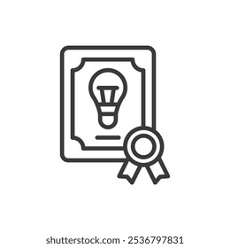 Patente, em design de linha. Patente, intelectual, propriedade, legal, direitos, inovação, invenção sobre vetor fundo branco. Ícone de traçado editável patenteado