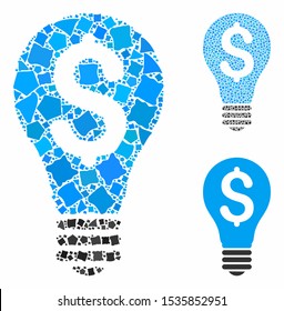 Patent mosaic of raggy elements in variable sizes and color tones, based on patent icon. Vector ragged elements are composed into collage. Patent icons collage with dotted pattern.