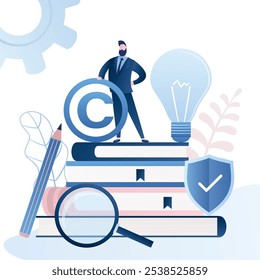 Patent Office, Bureau banner. Man clerk holds Copyright symbol. Pile of books, idea bulb and protection shield. Legal consultation. Intellectual property defence. Authorship protection service. vector