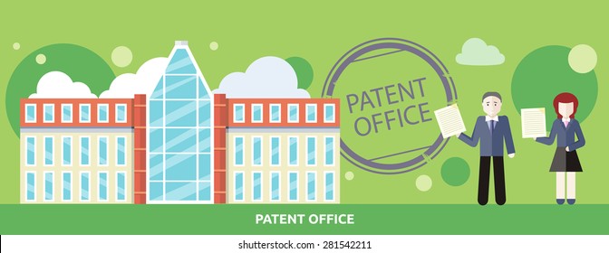 Patent office concept in flat design. Attorneys patent agents man and woman holding certificates of invention. For web banners, promotional materials, presentation templates