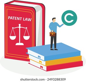 Patent office. Legal consultation. Intellectual property defence. Clerk holding copyright symbol. Pile of books, idea bulb and huge patent law book.

