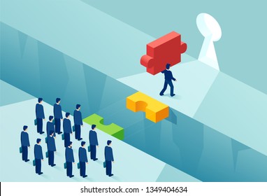 Patent ownership and competitive advantage concept. Vector of a businessman with a key puzzle piece creating obstacles for rivals 