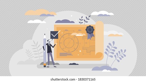 Patent ownership as new intellectual property approval tiny person concept. Innovative product author security for copy and plagiarism vector illustration. Copyright license and invention protection.