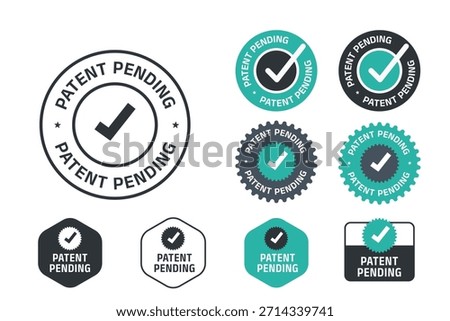 Patent pending badge and label set with check mark icons in modern flat design style. Collection of circular, hexagonal, and seal-shaped patent pending stamps. vector illustration
