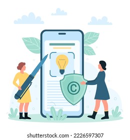 Patent protection of authors ideas or intellectual property rights vector illustration. Cartoon tiny people holding pen and shield with copyright sign to protect light bulb authorship on phone screen