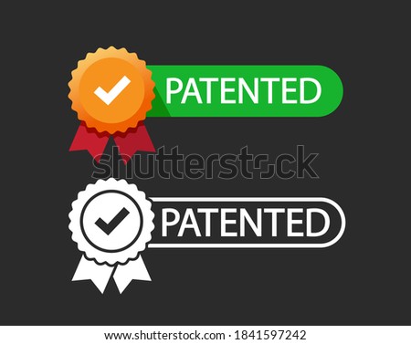 Patent stamp icon and flat patented successfully badge vector, licensed seal black and white and color cartoon style sign label isolated tag with check mark tick modern set design