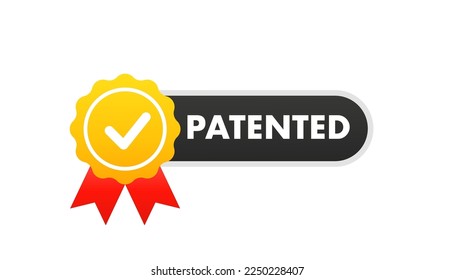 Patent stamp icon, successfully patented licensed mark. Label sign isolated tag with check mark. Cartoon style sign label isolated tag with check mark. Vector illustration