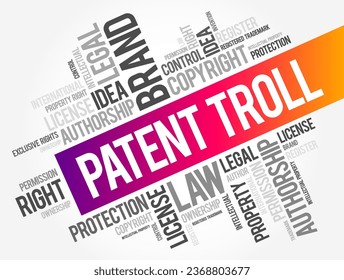 Patent Troll - use of patent infringement claims to win court judgments for profit or to stifle competition, word cloud concept background