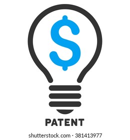 Patent vector icon with caption. Symbol style is a bicolor flat symbol with rounded angles, blue and gray colors, white background.