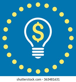 Patent vector icon. Style is bicolor flat circled symbol, yellow and white colors, rounded angles, blue background.