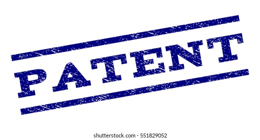 Patent watermark stamp. Text caption between parallel lines with grunge design style. Rubber seal stamp with scratched texture. Vector navy blue color ink imprint on a white background.