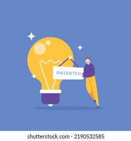 Patented. Copyright. Intellectual Property. Ideas And Solutions. Idea Theft Prevention. A Businessman Puts A Label Or Marker On The Lamp. Illustration Concept Design. Graphic Elements