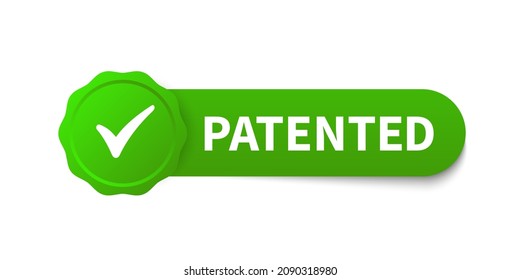 Patented green banner. Stamp vector label, flat cartoon patent badge isolated on white background.