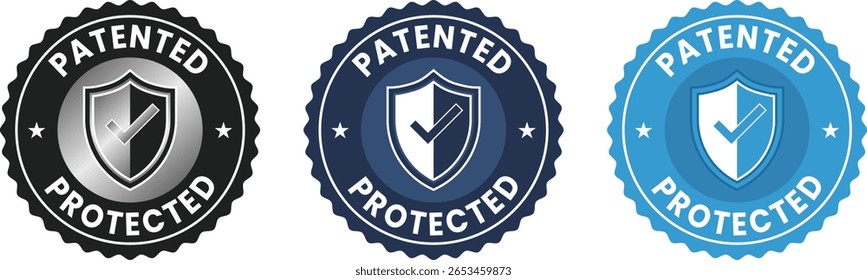 conjunto de iconos patentados y de Propiedad intelectual, logotipo de patente aplicada, insignia de Vector, sello e ilustraciones de etiquetas para protección de la innovación, diseño legal y uso de marca tecnológica.
