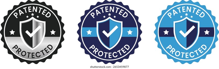 conjunto de iconos patentados y de Propiedad intelectual, logotipo de patente aplicada, insignia de Vector, sello e ilustraciones de etiquetas para protección de la innovación, diseño legal y uso de marca tecnológica.
