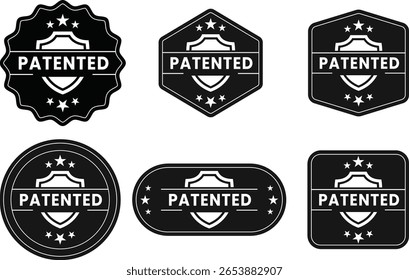 Conjunto de iconos patentados y de Propiedad intelectual, logotipo de patente aplicada, insignia de Vector, sello e ilustraciones de etiquetas para protección de la innovación, diseño legal y uso de marca tecnológica.