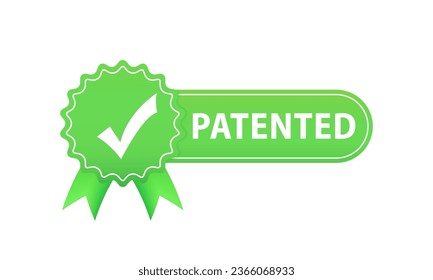 Patented label vector icon, flat cartoon rosette ribbon with patent text symbol, intellectual property protected green badge isolated on white background. Vector illustration