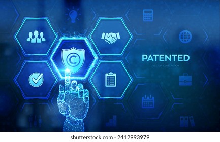 Patented. Patent Copyright Law. Copyright. Author rights, patented intellectual property business technology concept on virtual screen. Wireframe hand touching digital interface. Vector illustration.