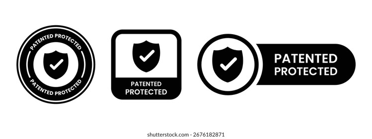 Logotipo protegido patentado, Tecnología, Propiedad intelectual, logotipo aplicado de la patente, insignia, icono, etiqueta engomada, etiqueta, emblema, sello, símbolo, negro, círculo de línea, Vector plano, ilustración aislada.	
