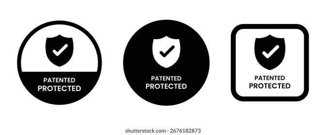 Patented Protected logo, Technology, Intellectual Property, Patent Applied logo, badge, icon, sticker, label, emblem, stamp, symbol, black, line circle, flat vector, isolated illustration.	
