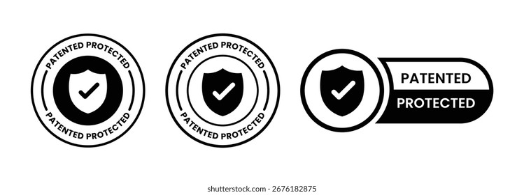Logotipo protegido patentado, Tecnología, Propiedad intelectual, logotipo aplicado de la patente, insignia, icono, etiqueta engomada, etiqueta, emblema, sello, símbolo, negro, círculo de línea, Vector plano, ilustración aislada.	

