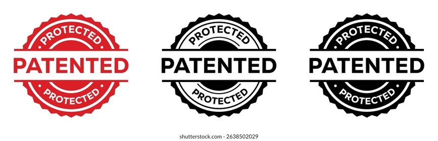 Patented Protected Stamp Icon Set in Red Black and Outline Style for Product and Business Use