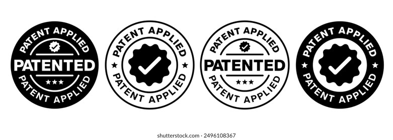 Patentado Protegido, Tecnología, Propiedad intelectual, Patente Aplicado logotipo, insignia, icono, pegatina, etiqueta, emblema, sello, símbolo, negro, línea circular, Vector plano, ilustración aislada.