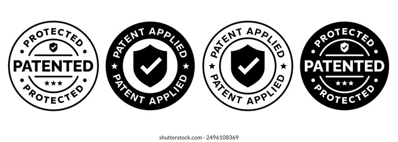 Patented Protected, Technology, Intellectual Property, Patent Applied logo, badge, icon, sticker, label, emblem, stamp, symbol, black, line circle, flat vector, isolated illustration.