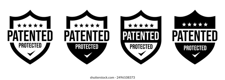 Patentgeschützt, Technologie, Geistiges Eigentum, Patent Angewandtes Logo, Abzeichen, Symbol, Aufkleber, Etikett, Emblem, Stempel, Symbol, schwarz, Linienkreis, flacher Vektor, einzelne Illustration.