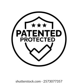 Patented Protected, Technology, Intellectual Property, Patent Applied logo, badge, set, collection, icon, sticker, label, emblem, stamp, symbol, black, line circle, flat vector, isolated illustration.