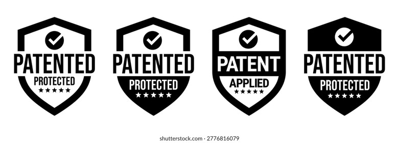 Patented Protected, Technology, Intellectual Property, Patent Applied logo, badge, icon, sticker, label, emblem, stamp, symbol, black, line circle, flat vector, isolated illustration.