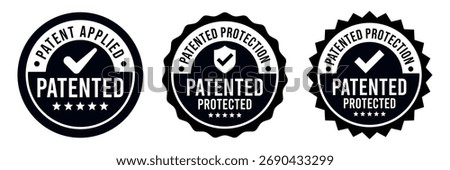 Patented Protected, Technology, Intellectual Property, Patent Applied logo, badge, icon, sticker, label, emblem, stamp, symbol, black, line circle, flat vector, isolated illustration.