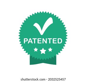 Patented stamp badge. Patented product label. Patent stamp with check mark and stars.