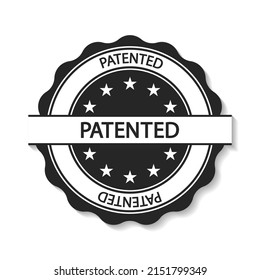 Patented stamp seal. Stamp for patented and certified. Round badge for patent, certify, quality and verified. Sign for product. Label of guarantee with shadow isolated on white background. Vector.
