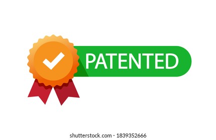 Patented stamp vector flat badge icon with check mark tick element design, successfully patent licensed seal orange green color sign label isolated tag