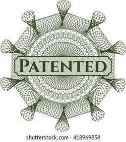 Patentado escrito dentro de una rosette al estilo del dinero
