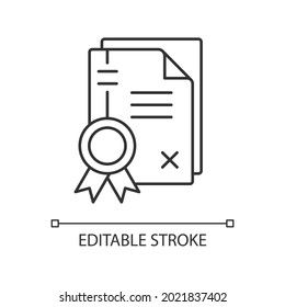 Patents linear icon. Property right granting. Comprehensive disclosure of the invention. Thin line customizable illustration. Contour symbol. Vector isolated outline drawing. Editable stroke