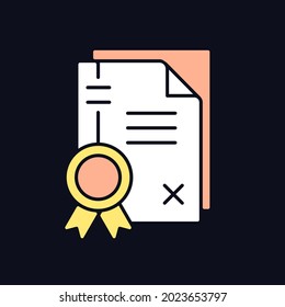 Patents RGB color icon for dark theme. Property right granting. Intellectual property. Intangible asset. Isolated vector illustration on night mode background. Simple filled line drawing on black