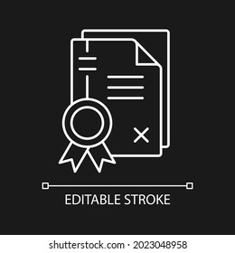 Patents white linear icon for dark theme. Property rights. Intellectual property. Intangible asset. Thin line customizable illustration. Isolated vector contour symbol for night mode. Editable stroke