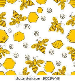 
Patern bees and flowers drawing. seamless hand drawn background for packaging, print, fabric