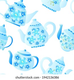Paterno de teteras azules con un patrón de flores hermosas. Vector